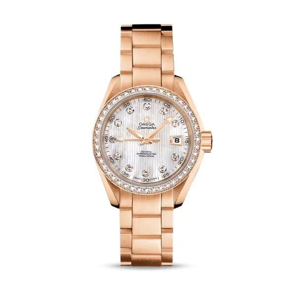 Omega Bracelets Omega Seamaster 30mm Watch Ref 23155302055001 White Mother of Pearl Diamond Index Dial Diamond Bezel 18K Rose Gold Bracelet Omega Bracelets Omega Seamaster 30mm Watch Ref 23155302055001 White Mother of Pearl Diamond Index Dial Diamond Bezel 18K Rose Gold Bracelet