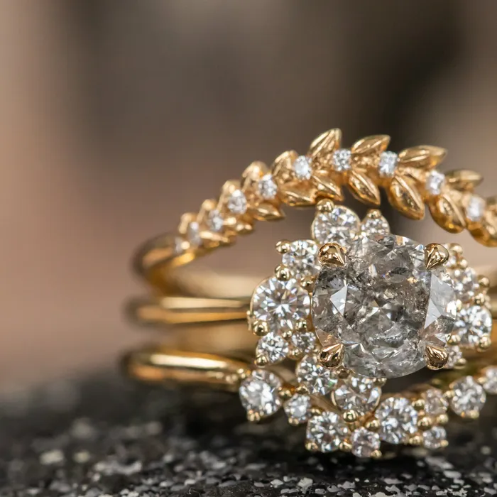 Anueva Jewelry Rings 116ct Round Salt And Pepper Diamond Asymmetrical Cluster Ring In 14k Yellow Gold