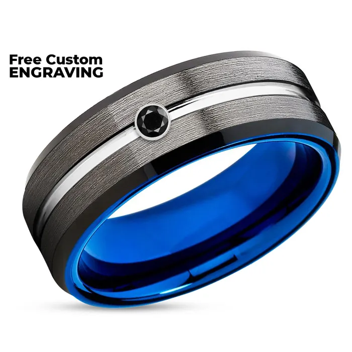 Gunmetal Wedding Ring Blue Tungsten Ring Blue Wedding Band Black Diamond Ring Clean Casting Jewelry Rings