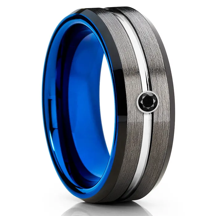 Gunmetal Wedding Ring Blue Tungsten Ring Blue Wedding Band Black Diamond Ring Clean Casting Jewelry Rings