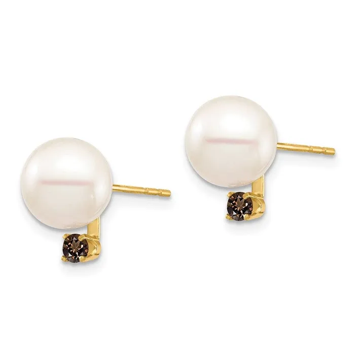 14K 885mm White Round Freshwater Cultured Pearl Smoky Quartz Post Earring Jewelry Earrings 14K 885mm White Round Freshwater Cultured Pearl Smoky Quartz Post Earring Jewelry Earrings