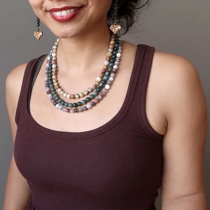 Agate Medley Necklace Festival of Botswana Moss Crazy Lace Trio Satin Crystals Necklaces