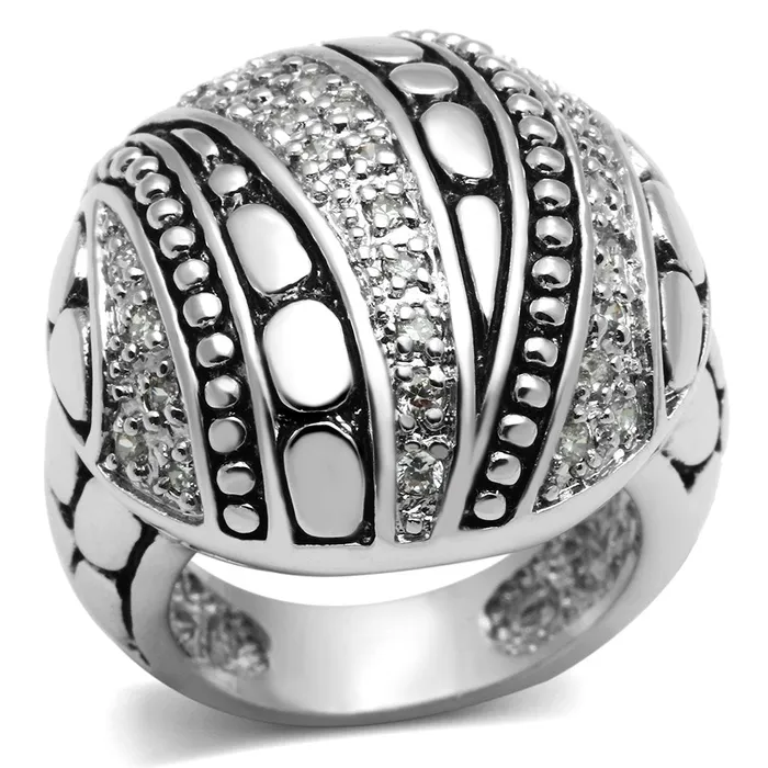 Alamode 3W244 Rhodium Brass Ring with AAA Grade CZ in Clear Rings