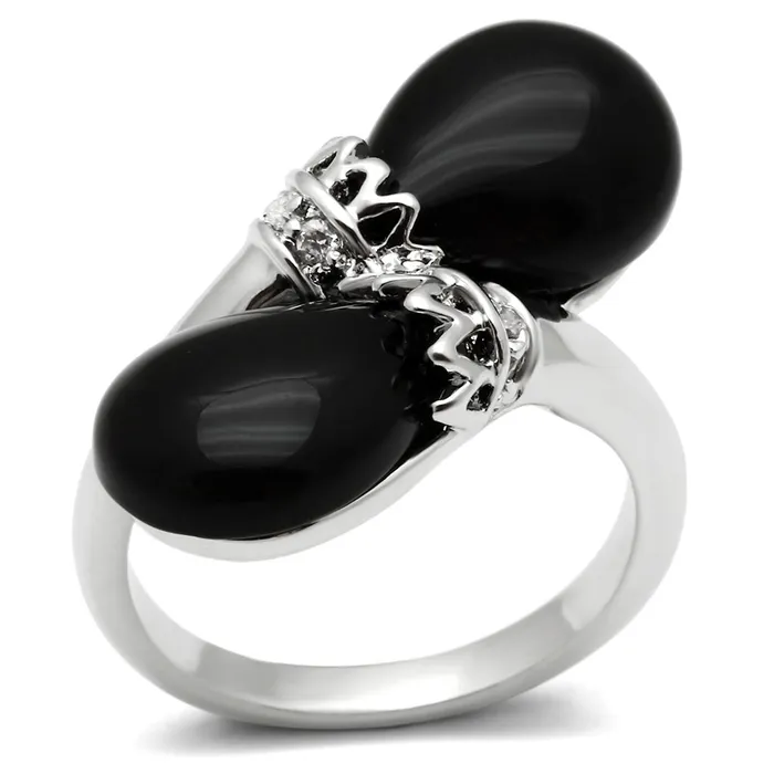 Alamode Rings 3W195 Rhodium Brass Ring with SemiPrecious Onyx in Jet