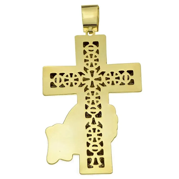 Bling Cartel Admin Huge Hand Holding Jesus Cross Gold Finish Iced Pendant Necklaces