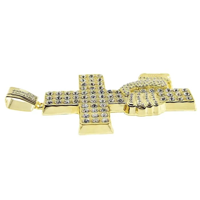 Bling Cartel Admin Huge Hand Holding Jesus Cross Gold Finish Iced Pendant Necklaces