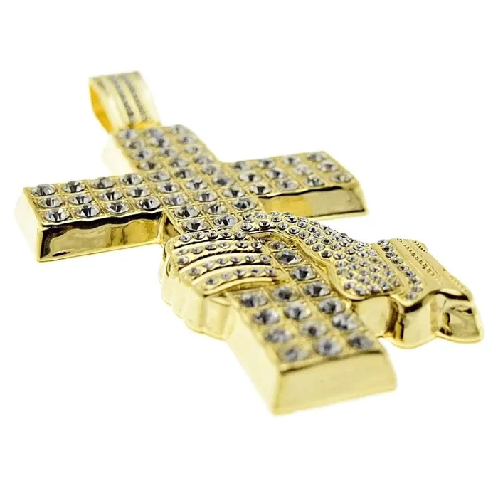 Bling Cartel Admin Huge Hand Holding Jesus Cross Gold Finish Iced Pendant Necklaces