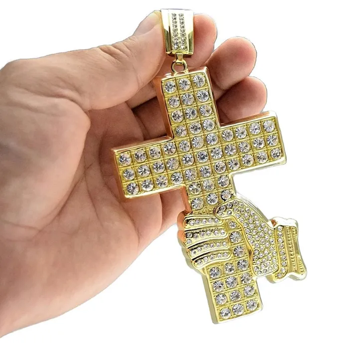 Bling Cartel Admin Huge Hand Holding Jesus Cross Gold Finish Iced Pendant Necklaces