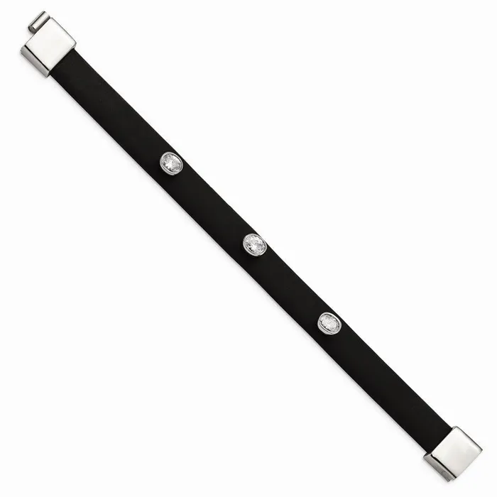 Chisel Bracelets Stainless Steel Polished CZ Silicone Band Bracelet Chisel Bracelets Stainless Steel Polished CZ Silicone Band Bracelet