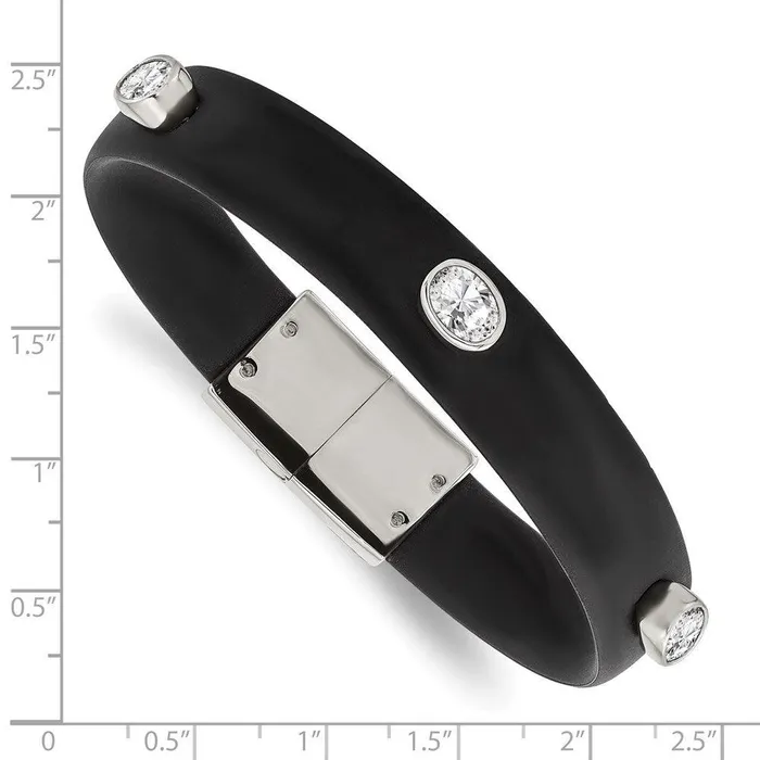 Chisel Bracelets Stainless Steel Polished CZ Silicone Band Bracelet Chisel Bracelets Stainless Steel Polished CZ Silicone Band Bracelet