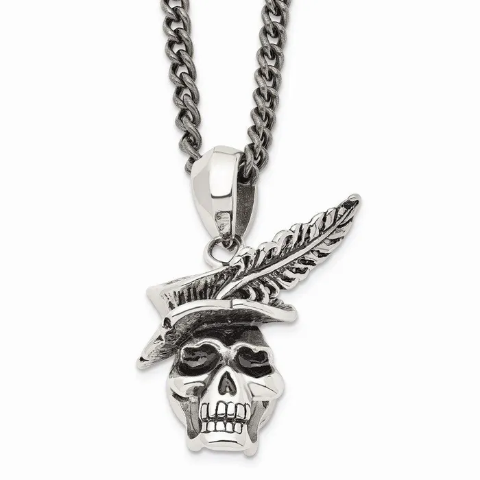 Chisel Necklaces Stainless Steel Polished and Antiqued Skull with Feather Necklace Chisel Necklaces Stainless Steel Polished and Antiqued Skull with Feather Necklace