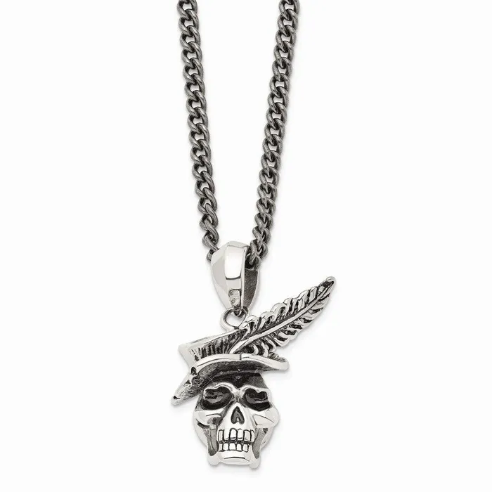 Chisel Necklaces Stainless Steel Polished and Antiqued Skull with Feather Necklace Chisel Necklaces Stainless Steel Polished and Antiqued Skull with Feather Necklace