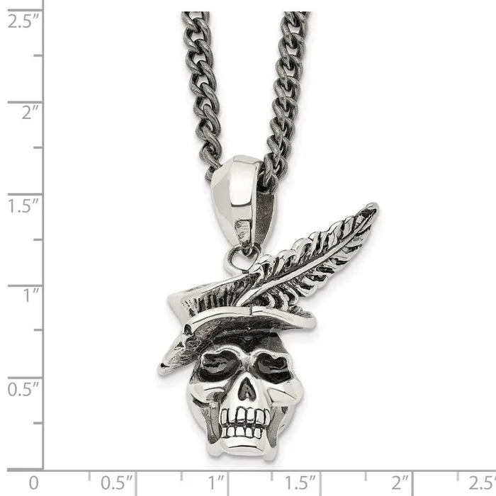 Chisel Necklaces Stainless Steel Polished and Antiqued Skull with Feather Necklace Chisel Necklaces Stainless Steel Polished and Antiqued Skull with Feather Necklace