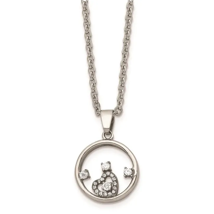 Chisel Necklaces Stainless Steel Round with Heart CZ Polished Necklace