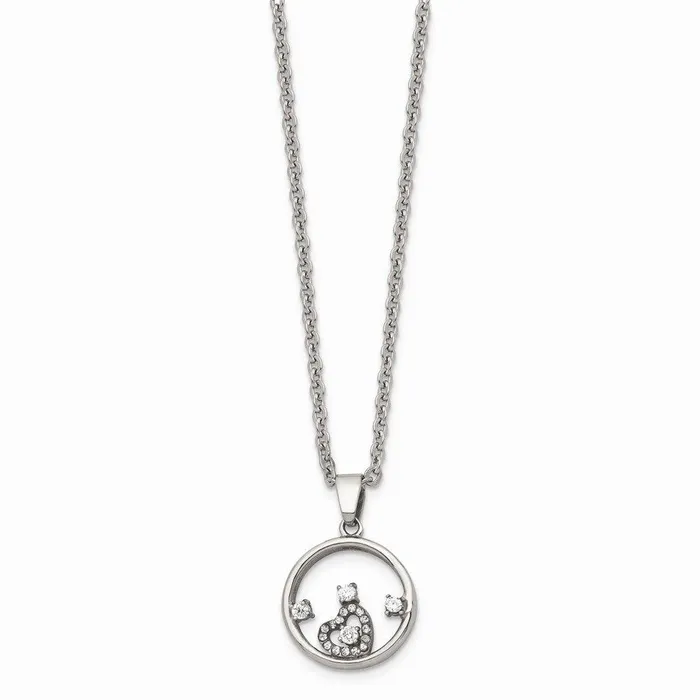 Chisel Necklaces Stainless Steel Round with Heart CZ Polished Necklace Chisel Necklaces Stainless Steel Round with Heart CZ Polished Necklace