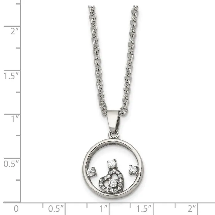 Chisel Necklaces Stainless Steel Round with Heart CZ Polished Necklace Chisel Necklaces Stainless Steel Round with Heart CZ Polished Necklace