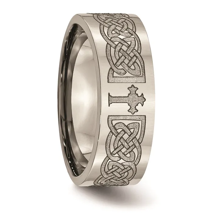 Chisel Rings Titanium Flat 8mm Laser Design Polished Band TB3M Chisel Rings Titanium Flat 8mm Laser Design Polished Band TB3M