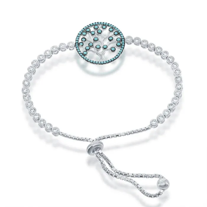 Classic Bracelets Sterling Silver Adjustable Round Turquoise and CZ Tree Bracelet Classic Bracelets Sterling Silver Adjustable Round Turquoise and CZ Tree Bracelet