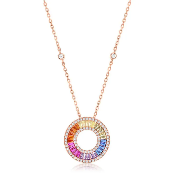 Classic Necklaces Sterling Silver Rose GP Rainbow Baguette CZ Open Circle Necklace Classic Necklaces Sterling Silver Rose GP Rainbow Baguette CZ Open Circle Necklace