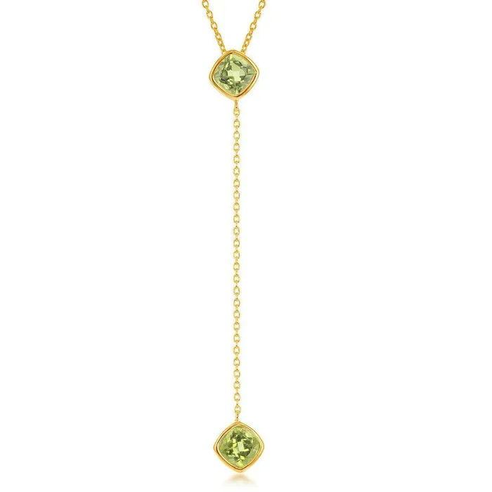 Classic Sterling Silver GP Square Peridot with Long Hanging Chain Necklace Necklaces