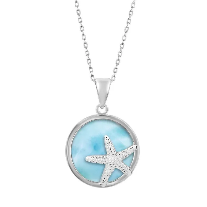 Classic Sterling Silver Round Larimar with Starfish Pendant Necklaces