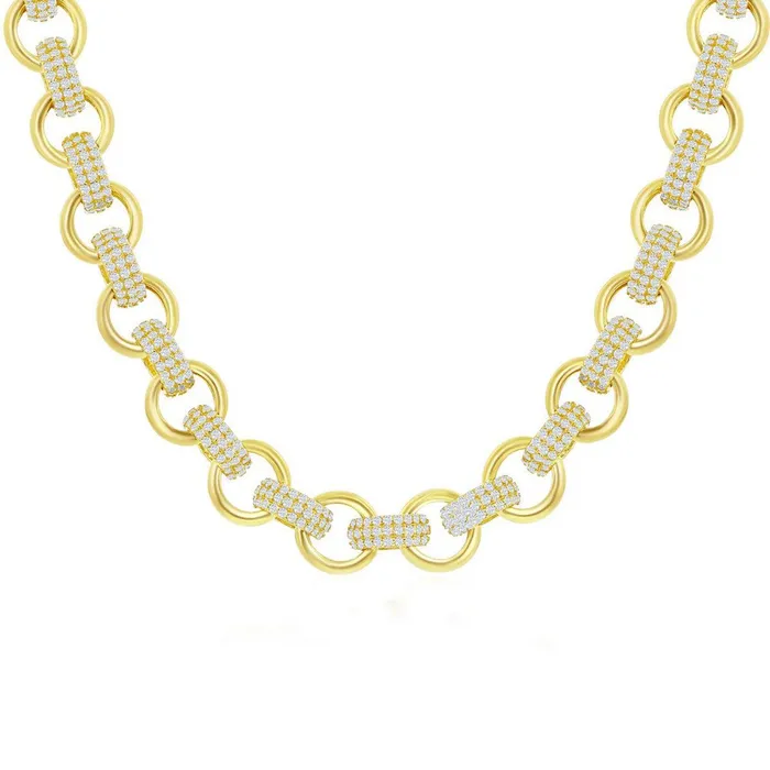 Classic Womens Necklace Gold Plated Sterling Silver Micro Pave CZ Linked M6827GP Classic Necklaces Classic Womens Necklace Gold Plated Sterling Silver Micro Pave CZ Linked M6827GP Classic Necklaces