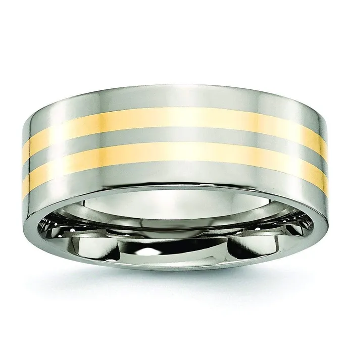 deBebians 14k Yellow Gold Inlay Titanium Ring Flat Polished Finish in 8mm Rings deBebians 14k Yellow Gold Inlay Titanium Ring Flat Polished Finish in 8mm Rings