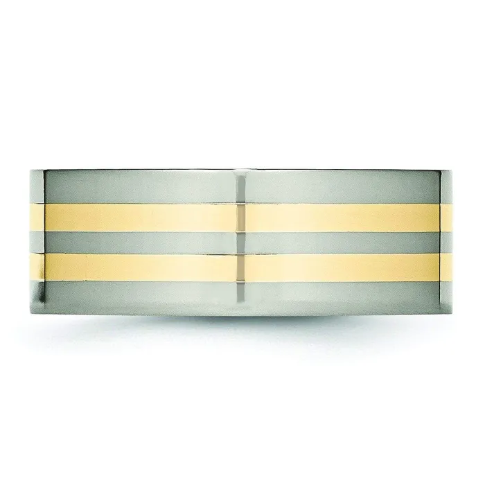 deBebians 14k Yellow Gold Inlay Titanium Ring Flat Polished Finish in 8mm Rings