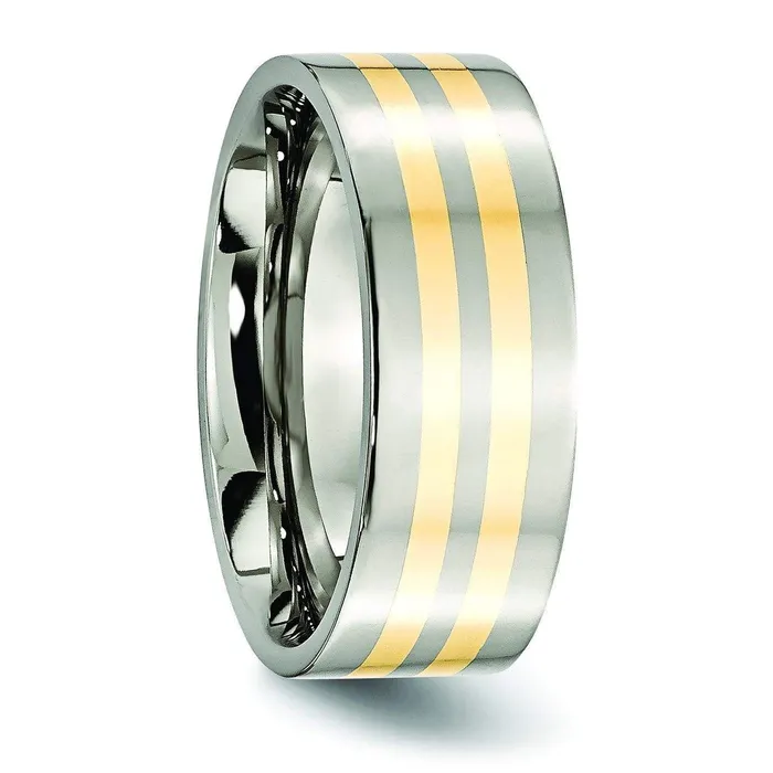 deBebians 14k Yellow Gold Inlay Titanium Ring Flat Polished Finish in 8mm Rings