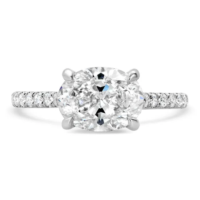 East West Engagement Ring with Hidden Lab Grown Diamond Pave Halo deBebians Rings