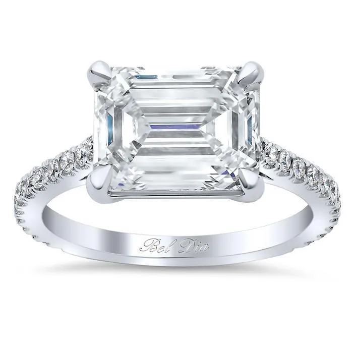 East West Engagement Ring with Hidden Lab Grown Diamond Pave Halo deBebians Rings