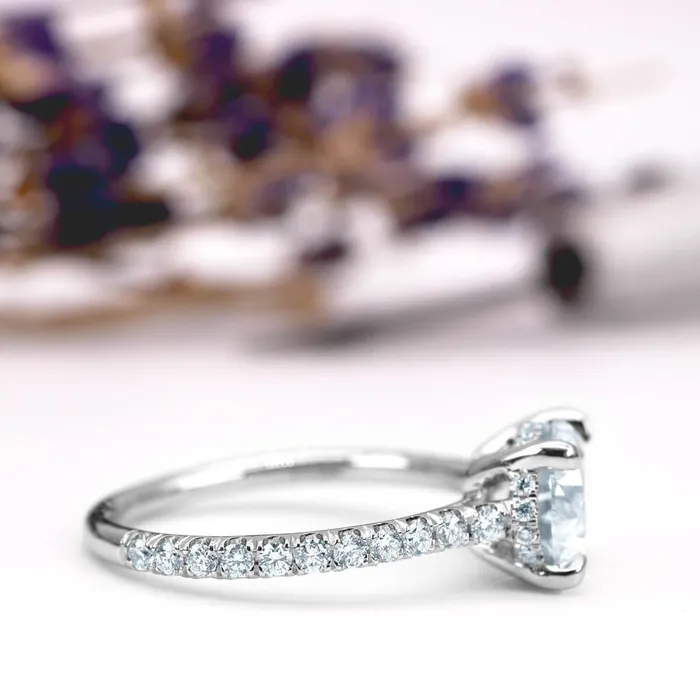 East West Engagement Ring with Hidden Lab Grown Diamond Pave Halo deBebians Rings