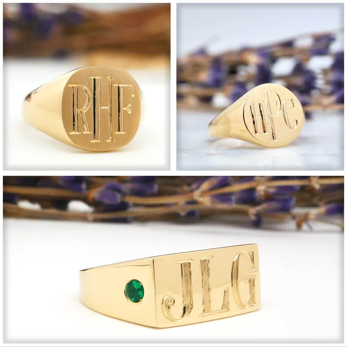 Mens Oval Signet Ring Medium Hand Engraved Roman Monogram deBebians Rings