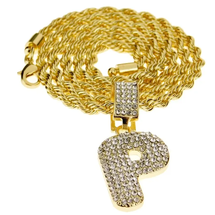 Necklaces Bling Cartel Admin Bubble Letter P Gold Finish Rope Chain Necklace 24