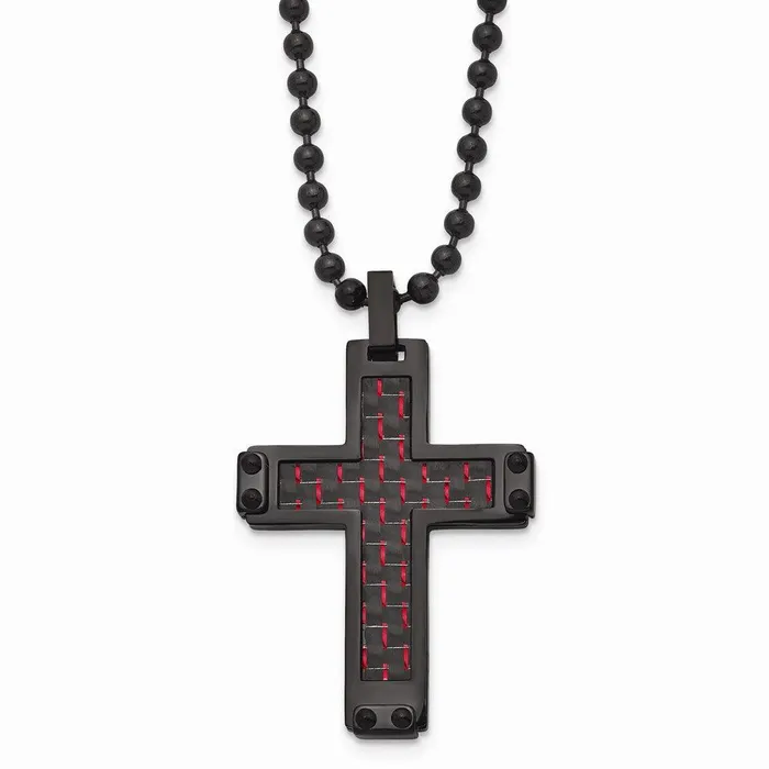 Necklaces Chisel Stainless Steel Polished Black IP BlkRed Carbon Fiber Inlay Cross Necklace Necklaces Chisel Stainless Steel Polished Black IP BlkRed Carbon Fiber Inlay Cross Necklace