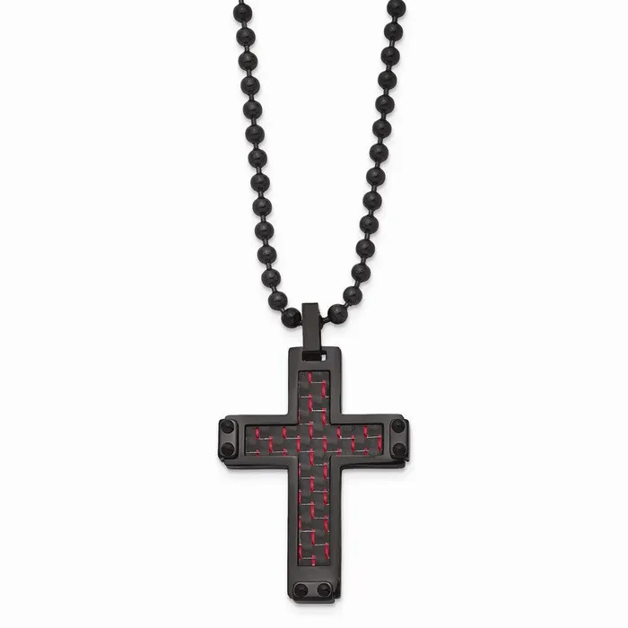 Necklaces Chisel Stainless Steel Polished Black IP BlkRed Carbon Fiber Inlay Cross Necklace Necklaces Chisel Stainless Steel Polished Black IP BlkRed Carbon Fiber Inlay Cross Necklace