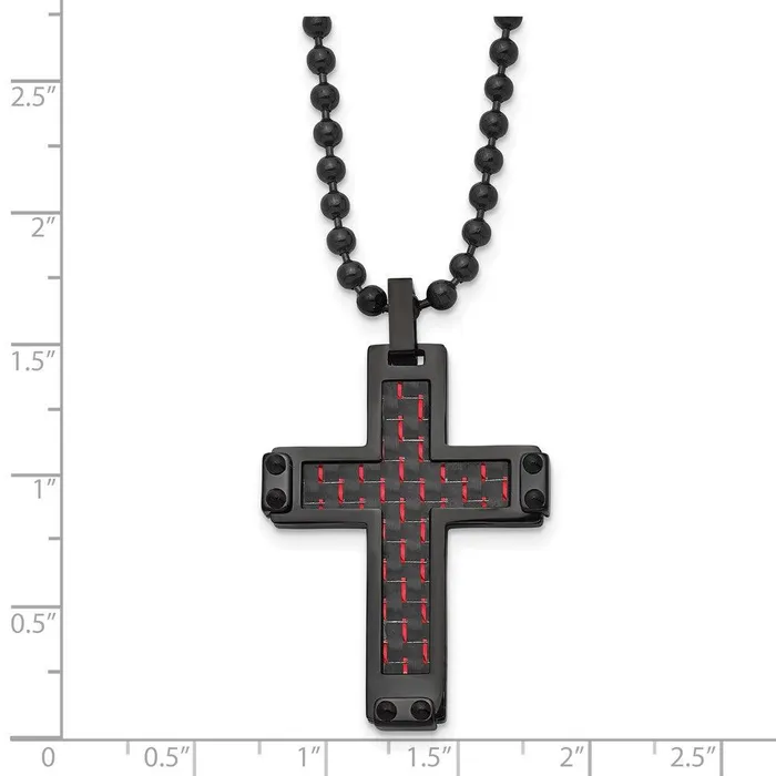 Necklaces Chisel Stainless Steel Polished Black IP BlkRed Carbon Fiber Inlay Cross Necklace Necklaces Chisel Stainless Steel Polished Black IP BlkRed Carbon Fiber Inlay Cross Necklace