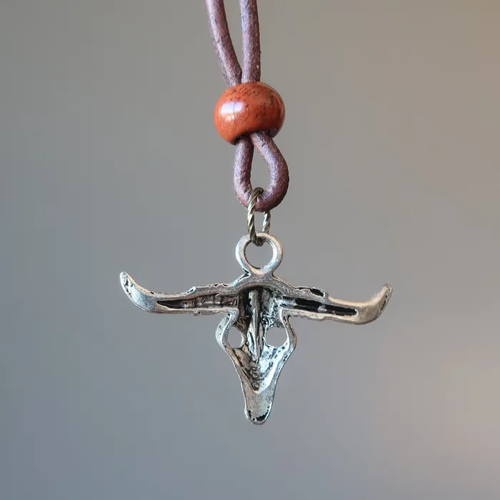 Necklaces Satin Crystals Red Jasper Necklace Wild West Bull Skull on Brown Leather