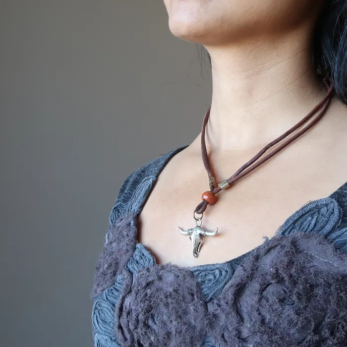Necklaces Satin Crystals Red Jasper Necklace Wild West Bull Skull on Brown Leather