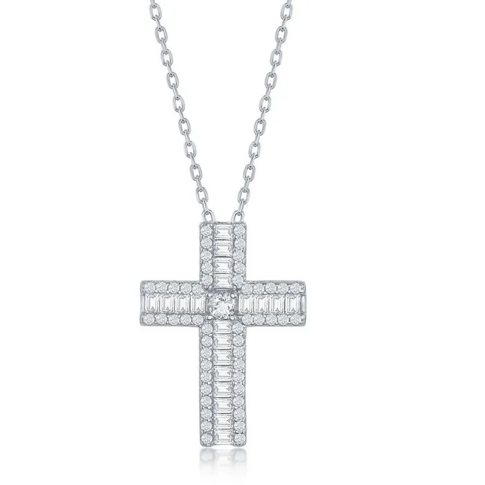 Necklaces Sterling Silver Baguette Cubic Zirconia Cross Necklace Classic