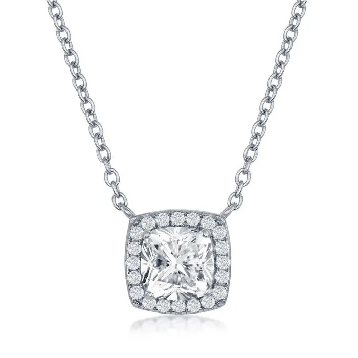 Necklaces Sterling Silver PrincessCut with CZ Border Necklace Classic