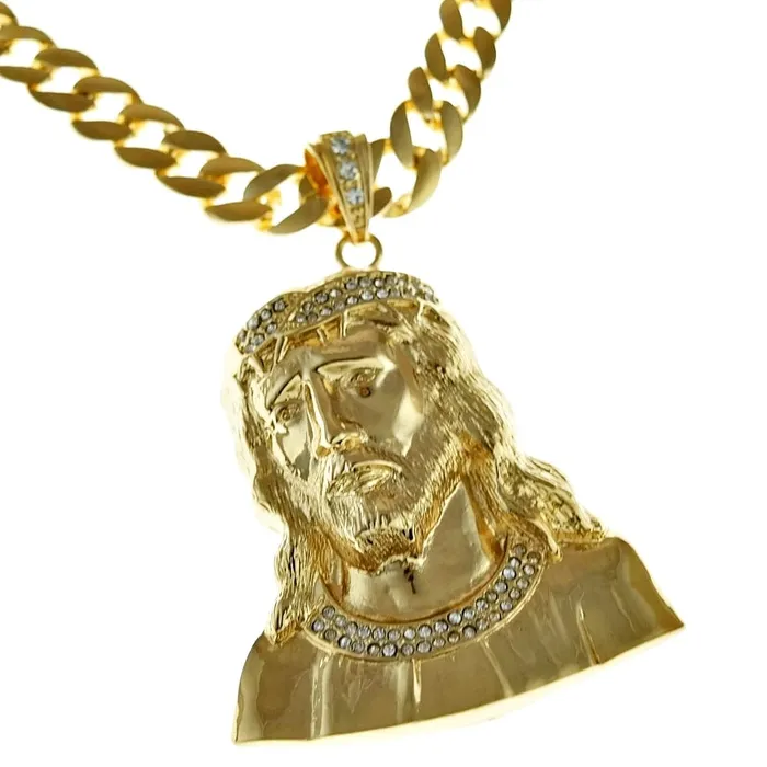 PreStyled Sets Bling Cartel Admin Huge Jumbo Jesus Bust Gold Finish Cuban Link Chain 33