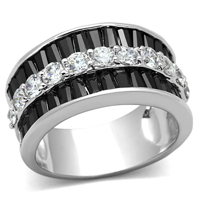 Rings 3W513 Rhodium Brass Ring with AAA Grade CZ in Black Diamond Alamode