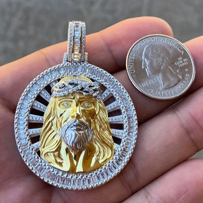 Rings Bling Cartel Admin Solid 925 Sterling Silver Jesus Wheel TwoTone Medallion Pendant