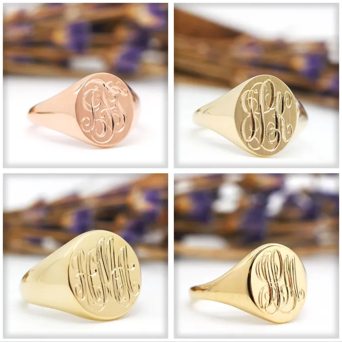 Rings deBebians Womens Round Signet Ring Small Hand Engraved Script Monogram