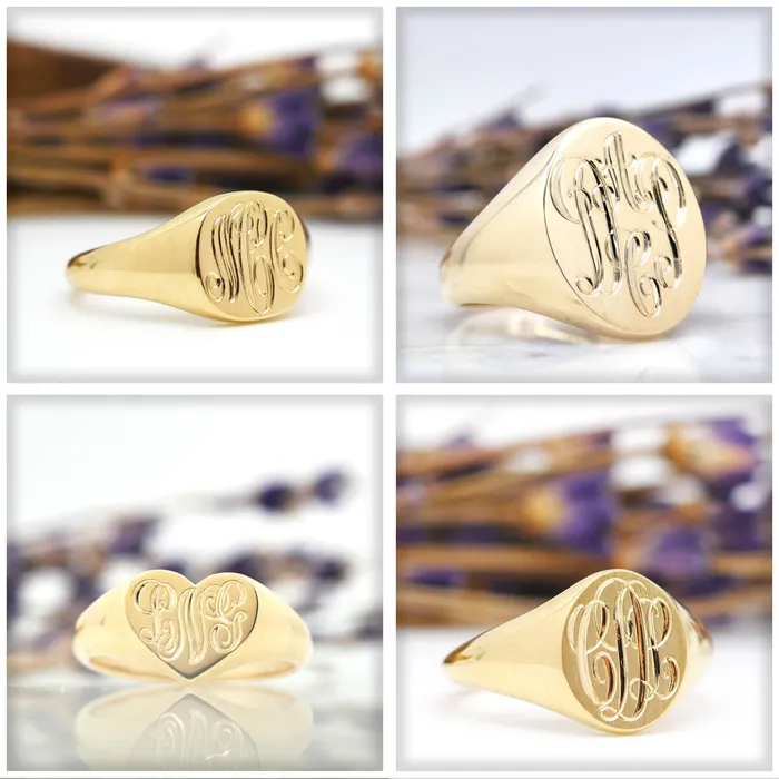 Rings deBebians Womens Round Signet Ring Small Hand Engraved Script Monogram
