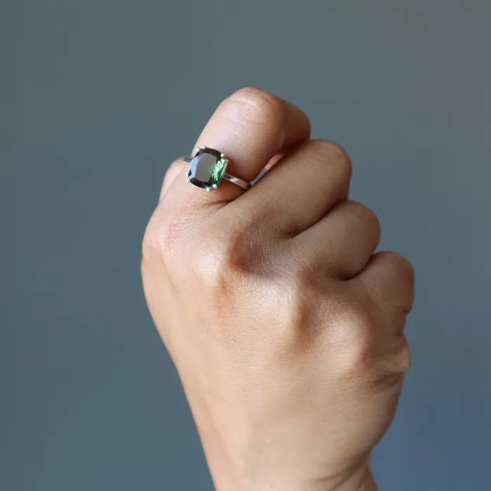 Rings Moldavite Ring Big Green Stargazer Gem Sterling Silver Satin Crystals