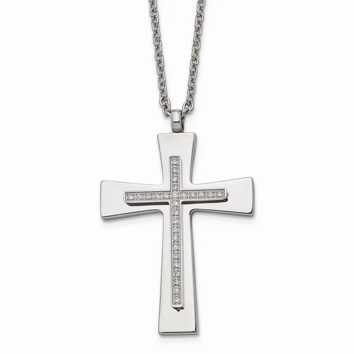 Stainless Steel Polished CZ Cross Necklace Chisel Necklaces