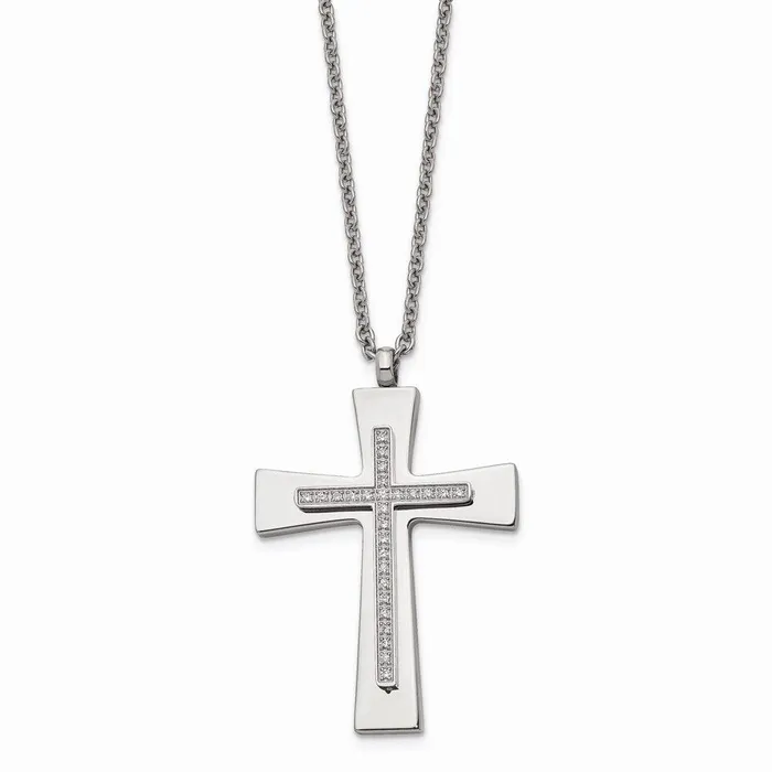 Stainless Steel Polished CZ Cross Necklace Chisel Necklaces