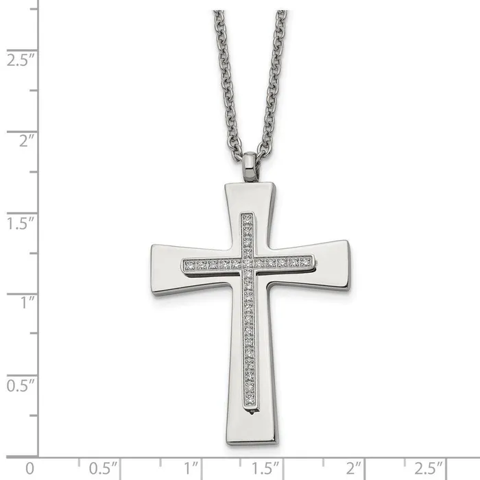 Stainless Steel Polished CZ Cross Necklace Chisel Necklaces